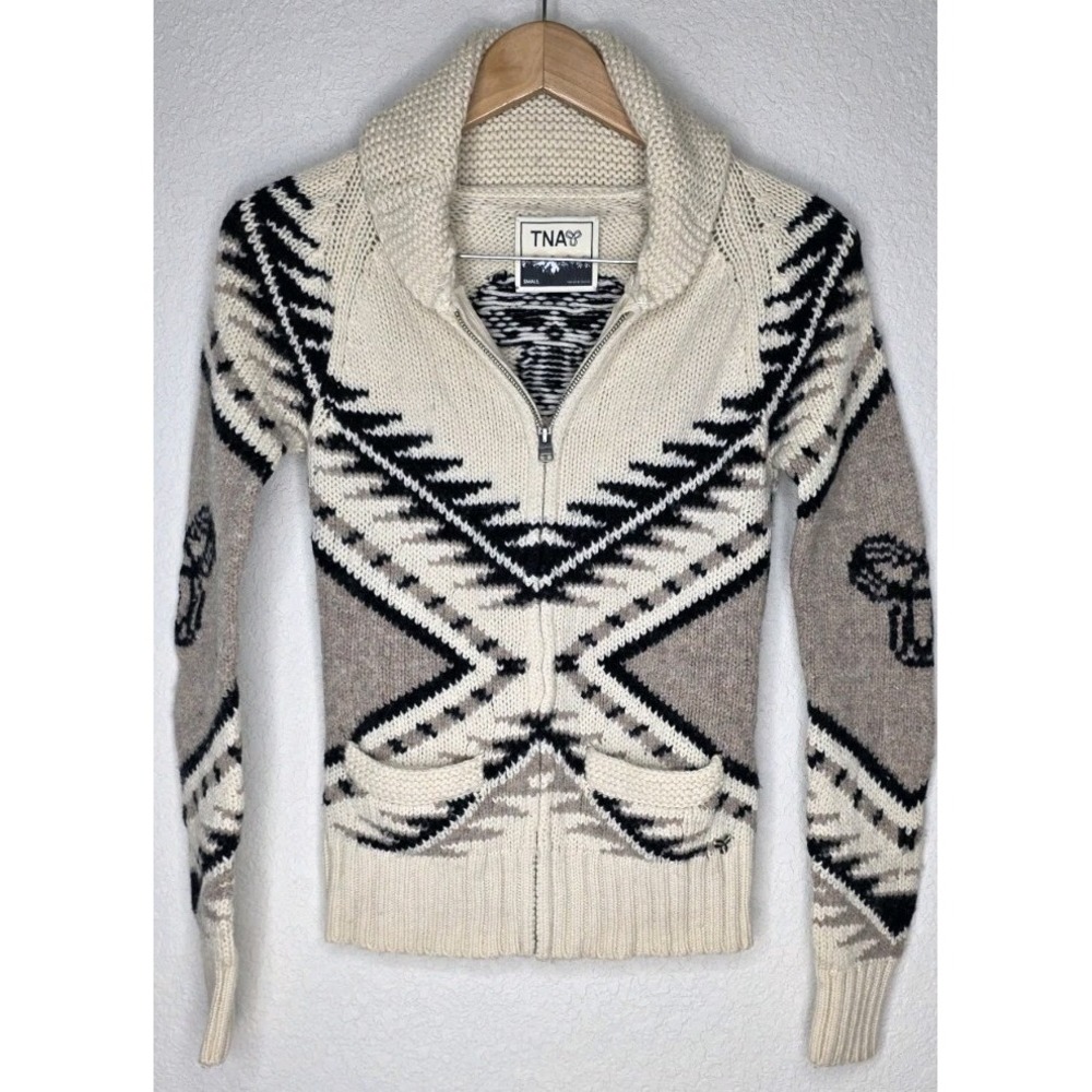 ARITZIA TNA Lambswool Cardigan Sweater Woman S Aztec Chunky Beige Boho Sea 2 Sky